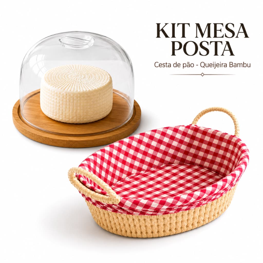 Kit Café da Manhã Mesa Posta Cesta de Pão + Queijeira Porta Queijo Bambu 19cm