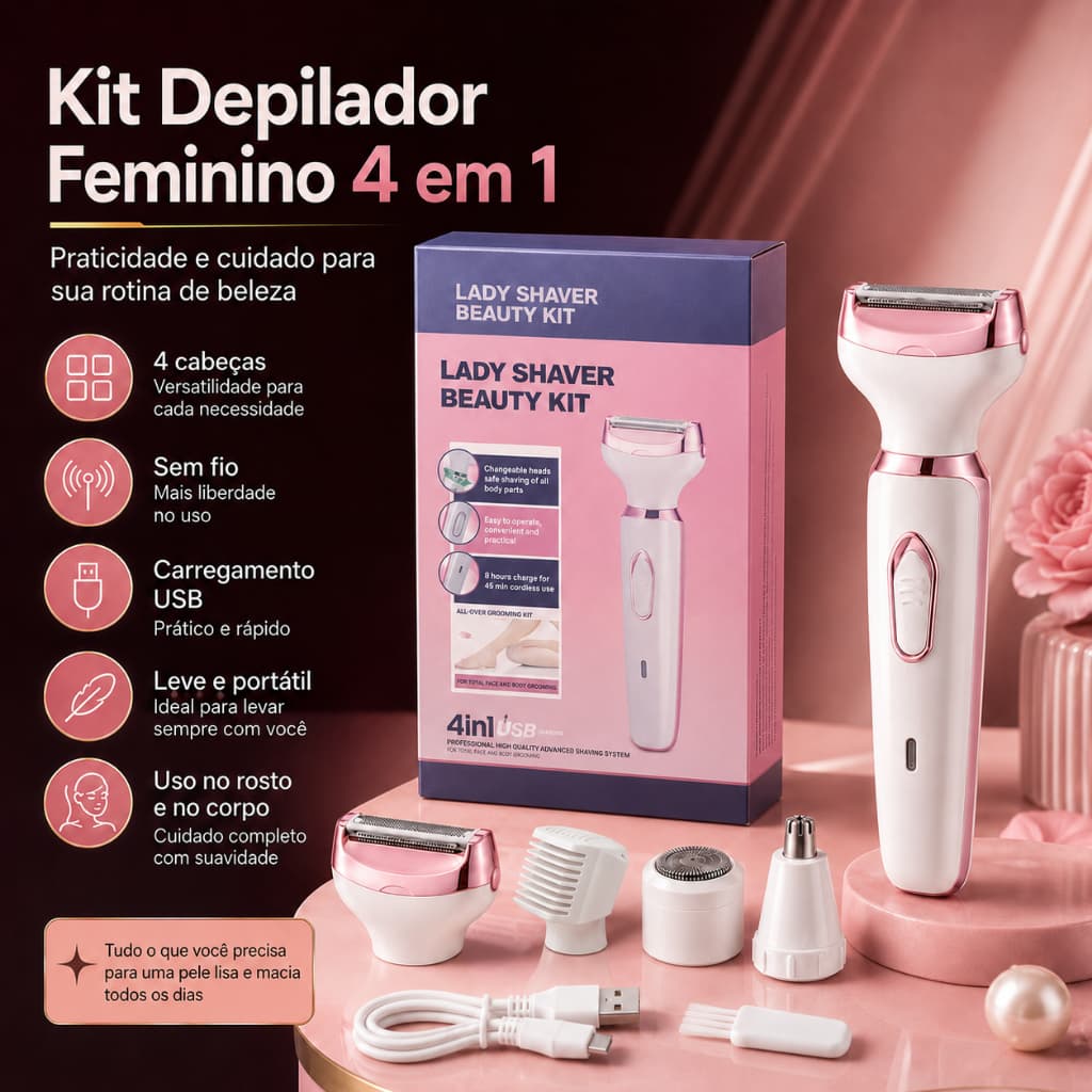 Heyplus Depilador Feminino 4 em 1 – Aparador Elétrico Sem Dor, Recarregável via USB, para Rosto e Corpo