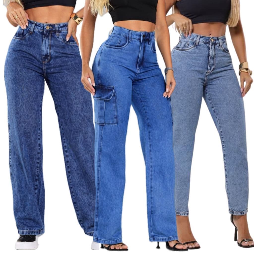 Calça Jeans Feminina Wide Leg Pantalona Cargo  Cintura Alta Premiun 100% Algodão De Luxo Elegante