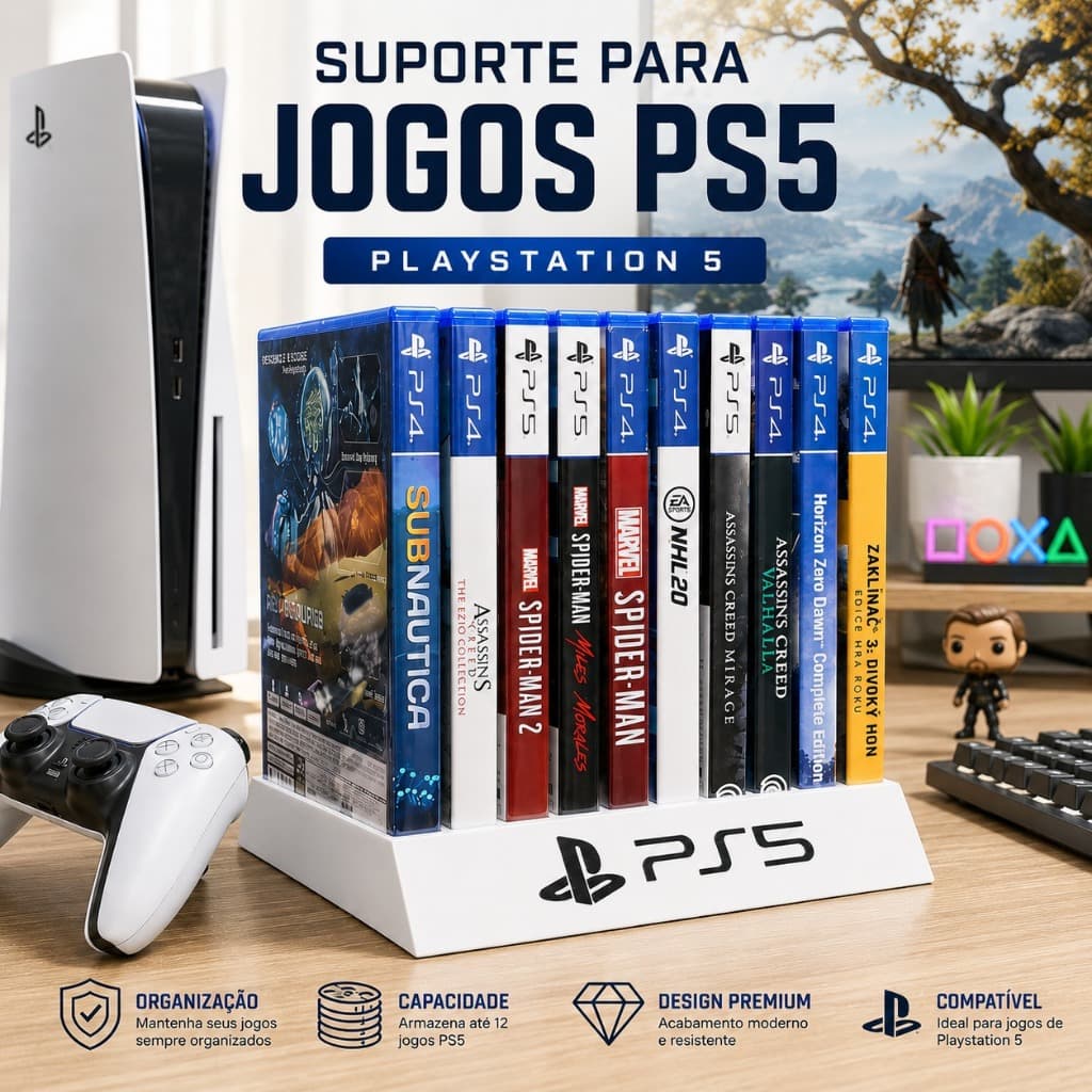 Suporte para Jogos Mídia Física PS5 e PS4 | Organizador Porta Games para até 10 Jogos PlayStation 5
