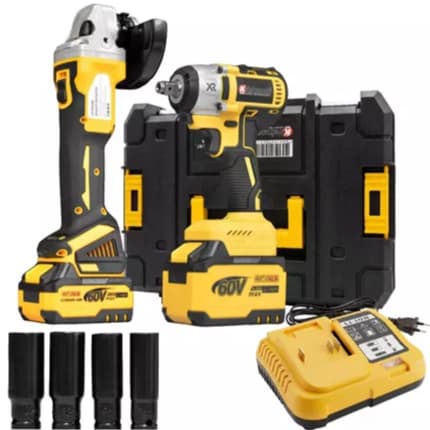 Kit Esmerilhadeira Lixadeira Angular 60v 115mm 1/2 11000rpm + Chave De Impacto Pneumática 2 Baterias 60v 1/2