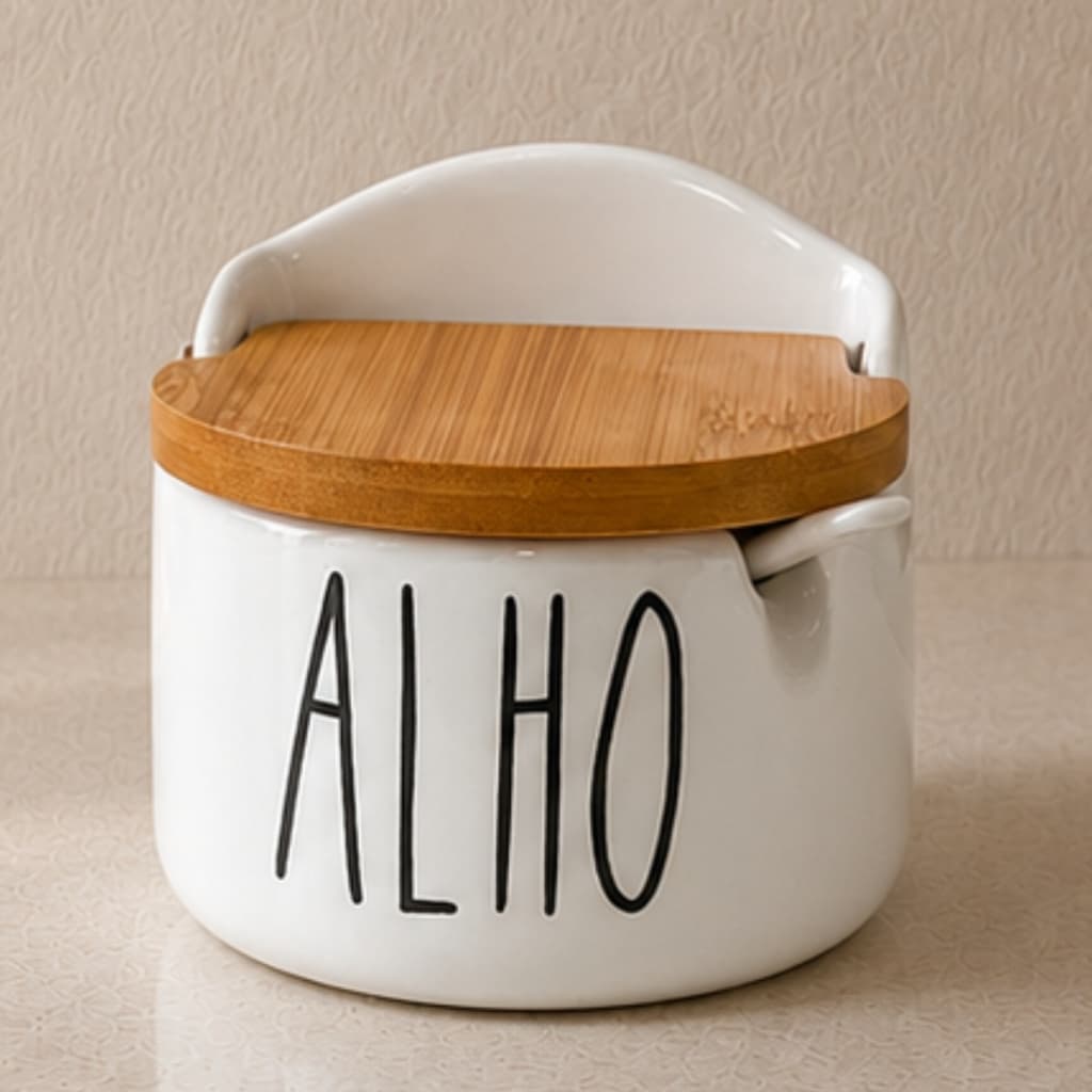 Porta Alho Porcelana c/ colher e tampa de bambu 10,5cm