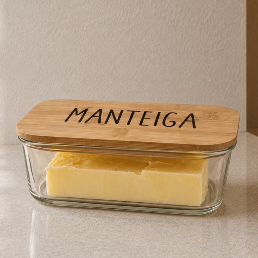 Manteigueira de Vidro Hermético Retangular c/ Tampa Bambu 420ml