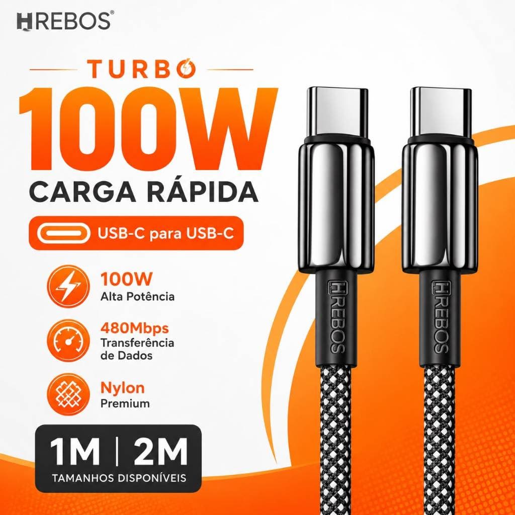Cabo Tipo C 1 e 2 Metros Turbo 100W 2 Pontas USB-C Cabo em Nylon Premium