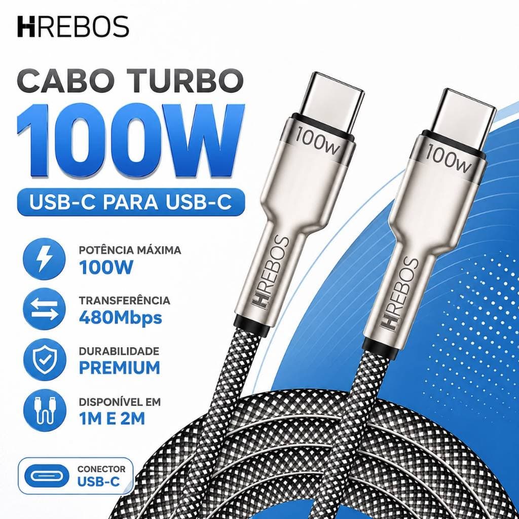 Cabo Turbo 100W USB-C para TIPO-C 2 pontas USB-C de 1 e 2 Metros 480mbps