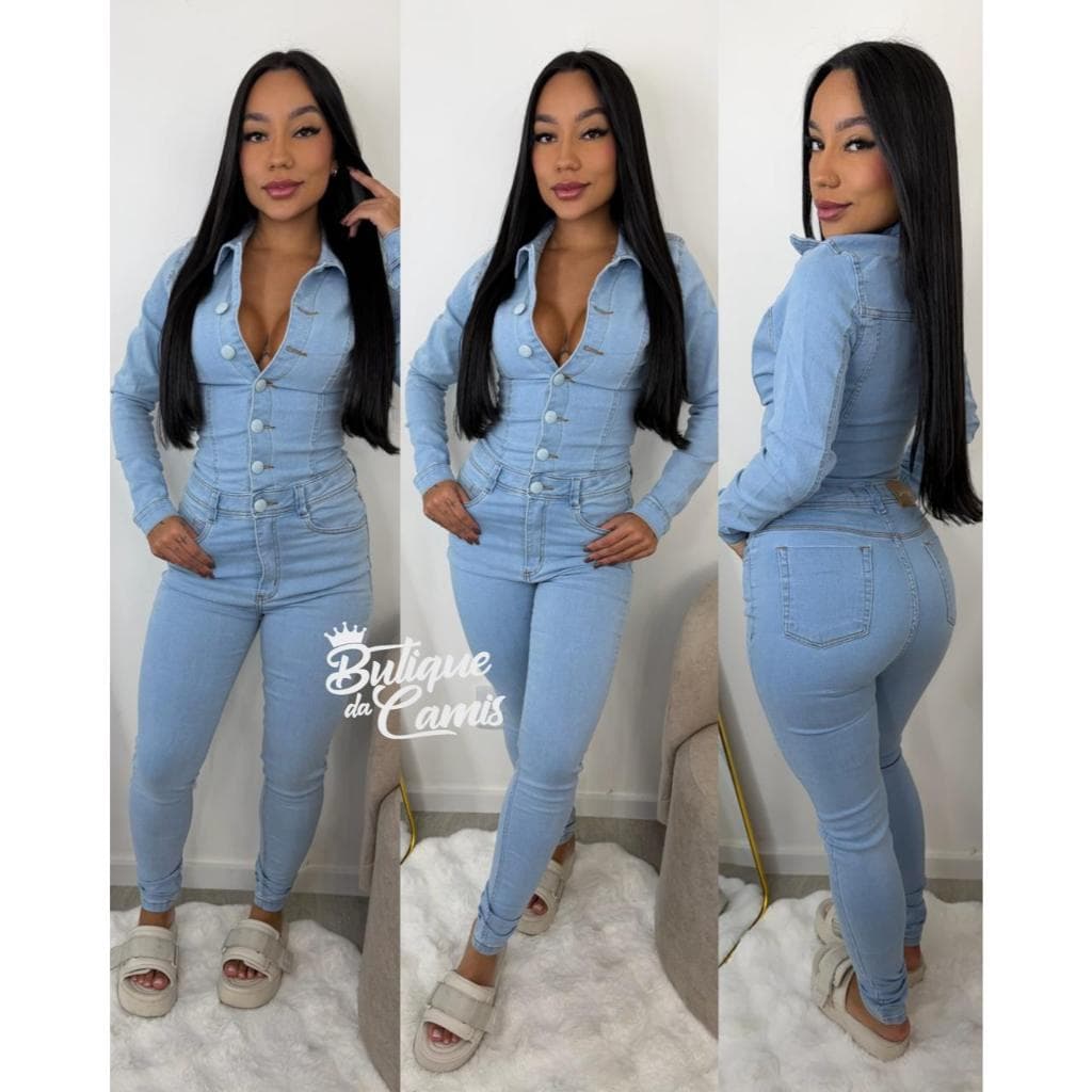 Macacão Jeans Feminino Manga Longa Sal e Pimenta