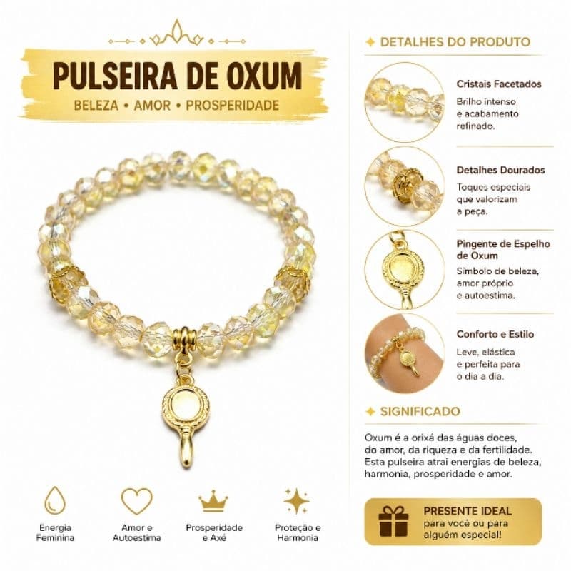 Pulseira Guia de Oxum Cristal 8mm Facetado Dourado com Espelho e Tulipas | Acessório Umbanda Orixá Osún