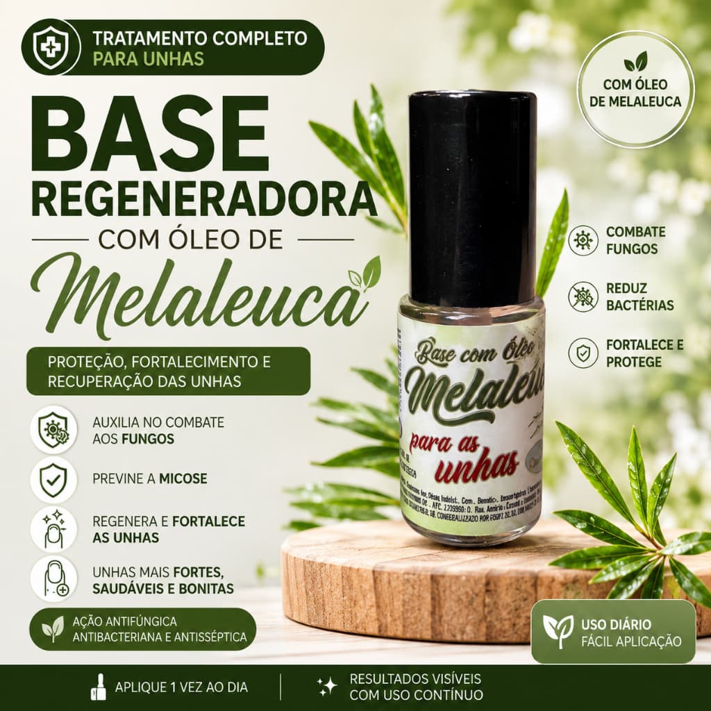 Base Regeneradora para Unhas com Óleo de Melaleuca Antifúngica Fortalecedora Contra Micose e Fungos 9ml