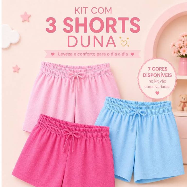 Kit Com 3 Shorts Infantis Com Elástico Tecido Duna