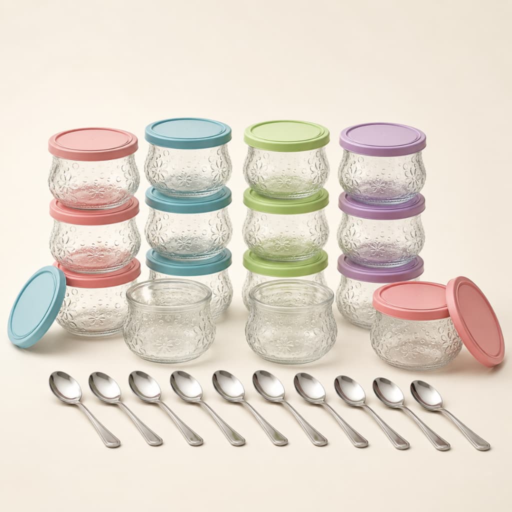 Kit 12 Tigelas De Vidro 200ml Sobremesa Nature Com Tampa Sortida + 12 Colheres De Inox