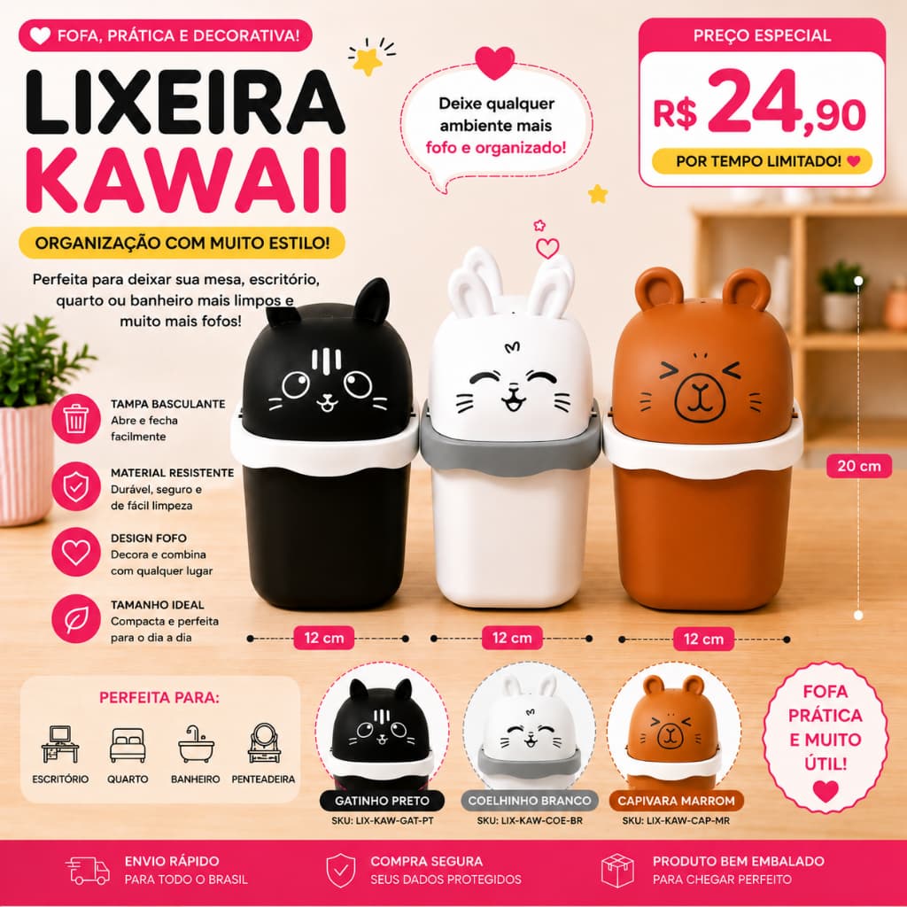 Mini Lixeira Kawaii Gatinho com Tampa Basculante 1,5 L