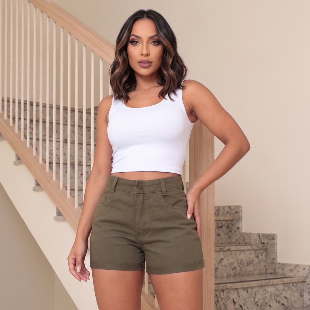 SHORT TRADICIONAL JEANS CASUAL FEMININO CINTURA ALTA BARRA DOBRADA