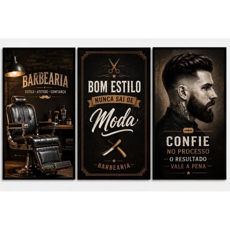 Quadros Decorativos Barbearia Kit 3 Peças – Decoração Barbeiro salão masculino