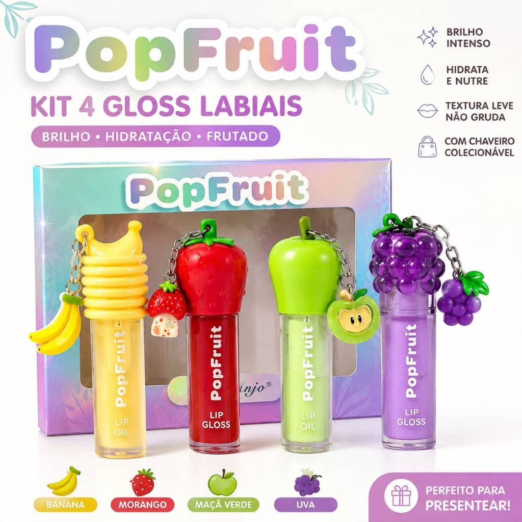 Kit PopFruit Amor Anjo com 4 Gloss Labiais Frutados + Chaveiros | Banana, Morango, Maçã Verde e Uva