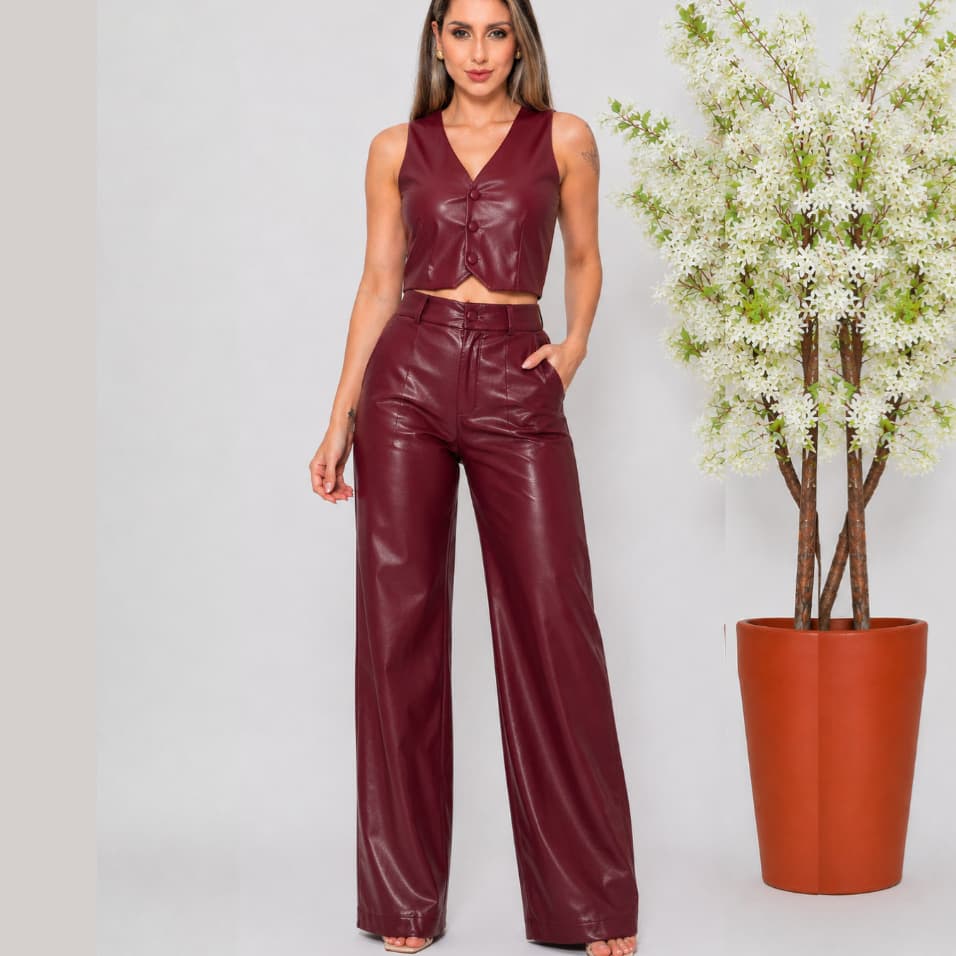 Conjunto Courino Feminino Colete E Calça Pantalona Cintura Alta