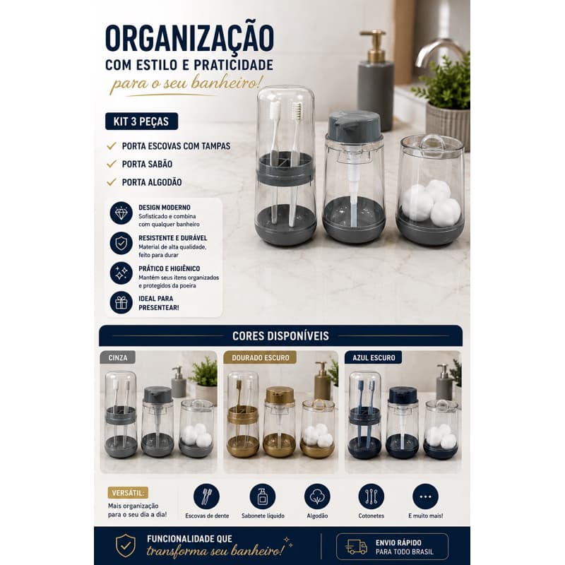 Kit 3 Peças Conjunto para Banheiro Sabonete Liquido Porta Algodão e Escova Bold Plasútil