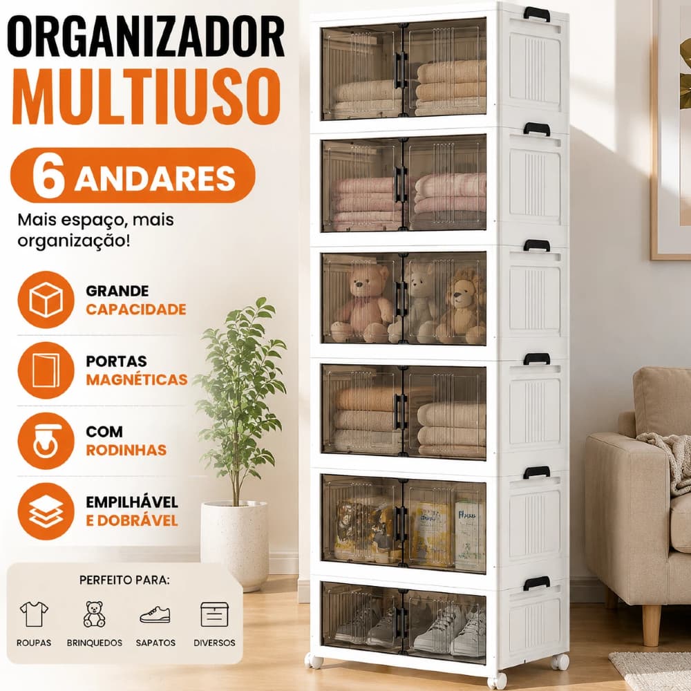 Caixa Organizadora Dobrável Empilhável com Porta Magnética e Rodinhas Multiuso 5 ou 6 Andares