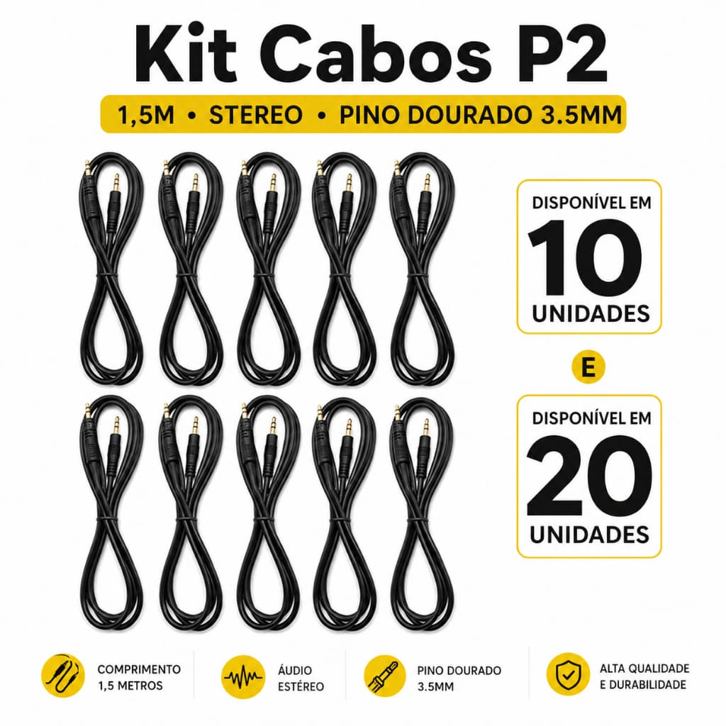 Kit 10/20 Cabos Auxiliar Audio P2 x P2 Estéreo Pino Dourado 1,5M