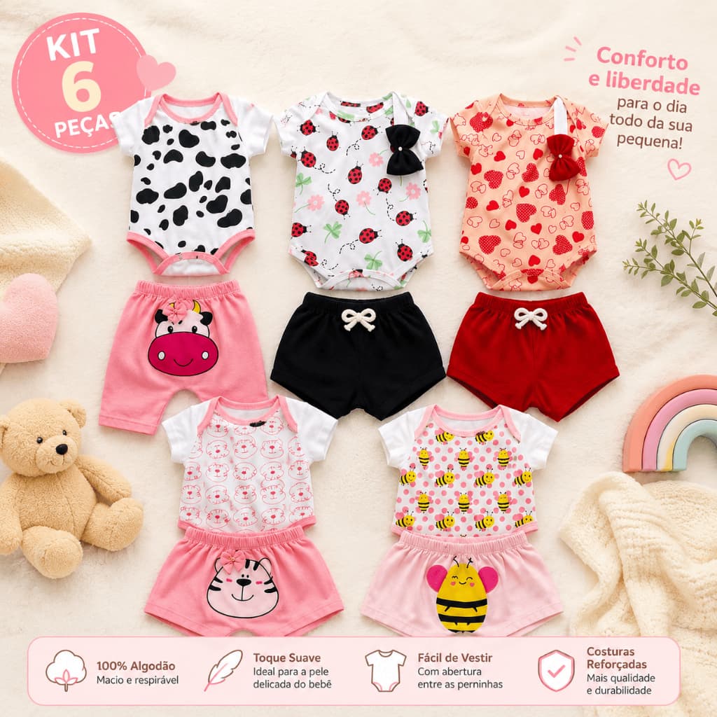 Kit Enxoval 6 Peças Body Bebê Infantil Menina Animado Estampado Bodie Short Mijão