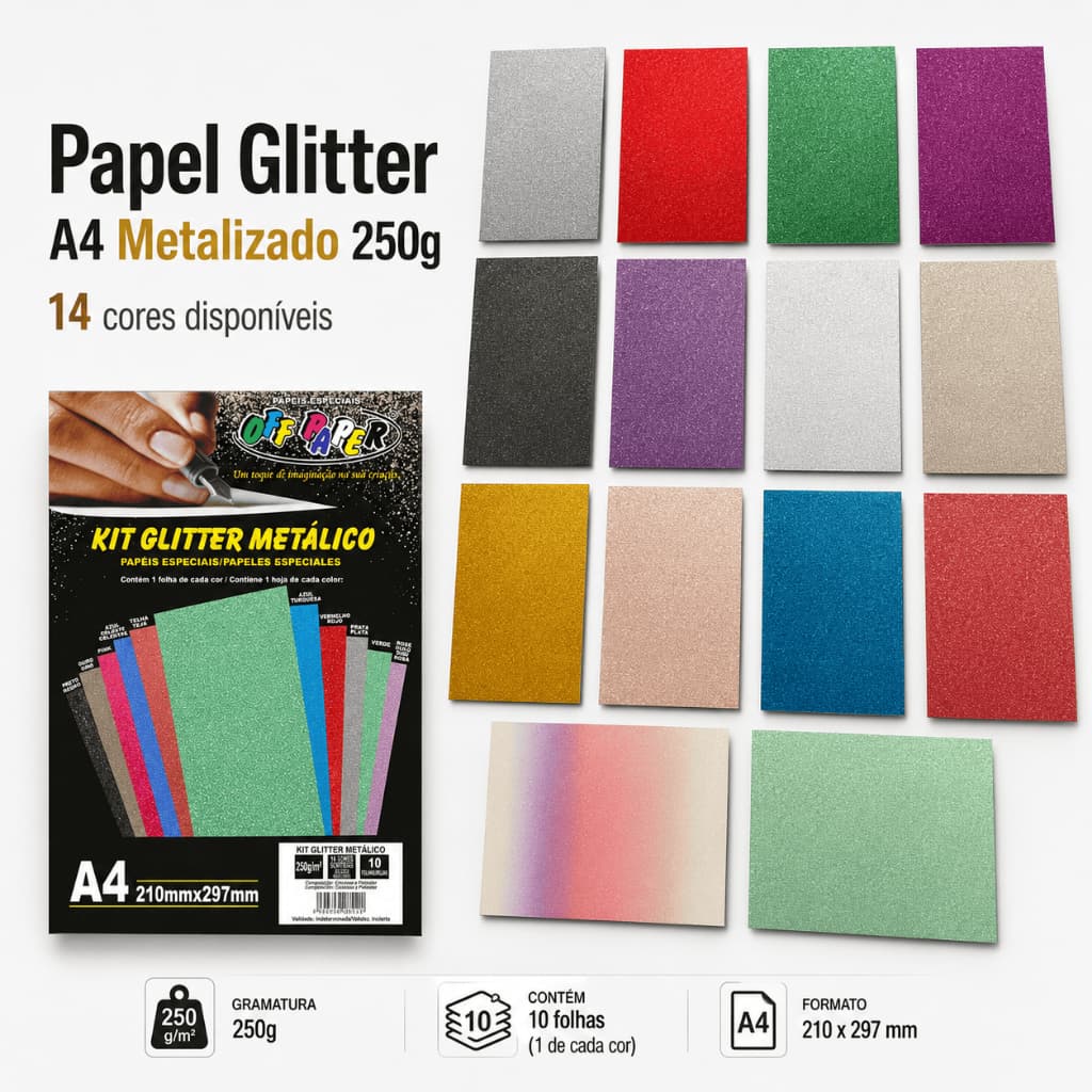 Papel Glitter A4 Metalizado 250g 10 Fls - Excelente Para Topo De Bolo