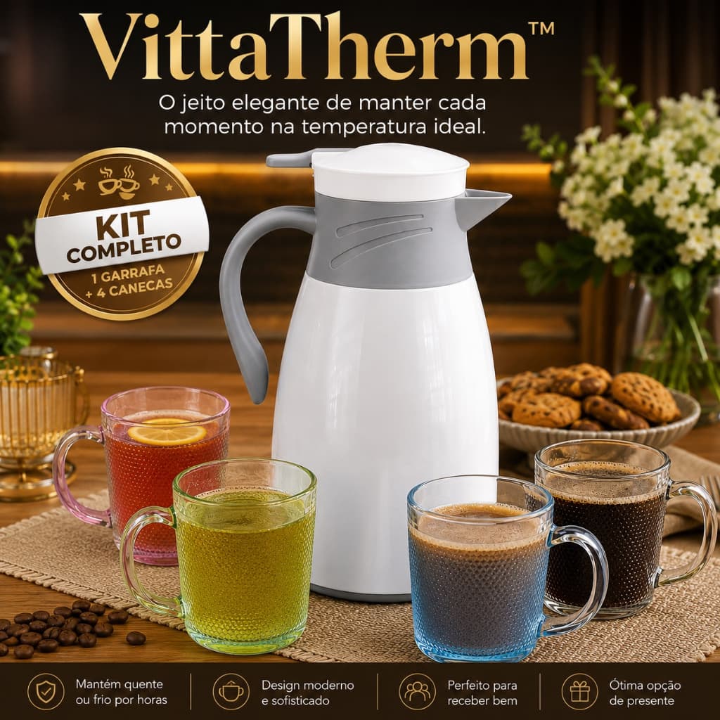 Kit Garrafa Térmica 1L com 4 Canecas de Vidro VittaTherm Mantém Bebidas Quentes e Frias