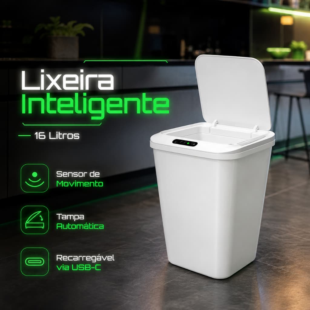 Lixeira Automática por Sensor 16L Tampa com Vedação Anti-odor Silenciosa Para Cozinha e Banheiro Presente Prático
