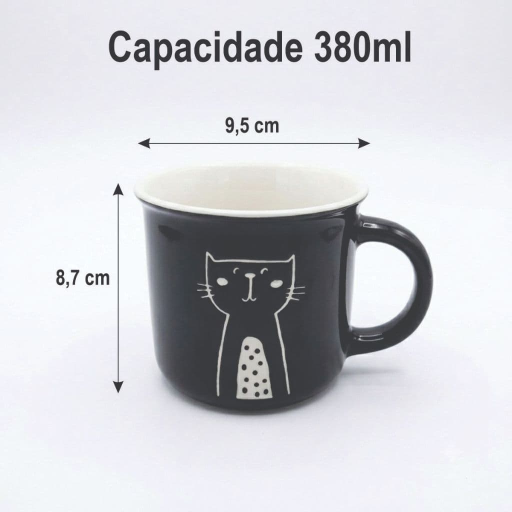 Caneca Preta Imagem de Gatinho em Baixo Relevo Xicara Capacidade 380ml