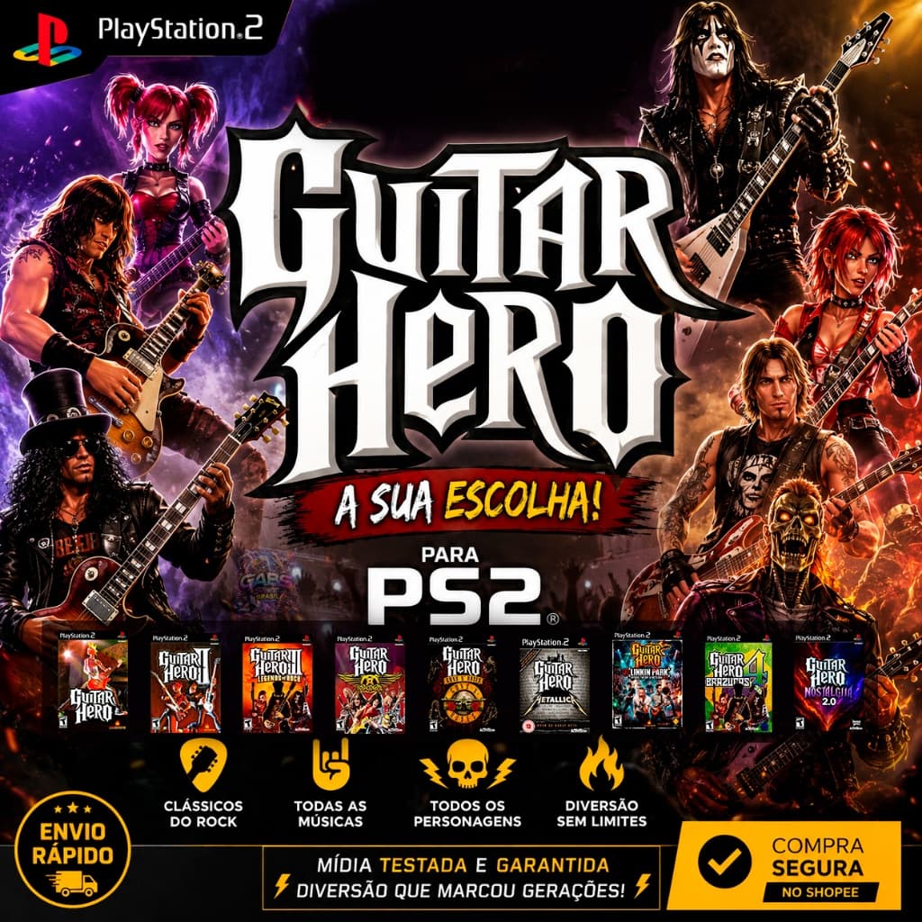 🎸 Guitar Hero para PS2 - Jogo de Música e Rock para PlayStation 2 Desbloqueado (Escolha a Versão)