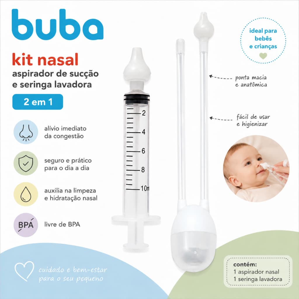 Kit Aspirador Nasal + Seringa Buba Lavador Nasal com Ponta em Silicone