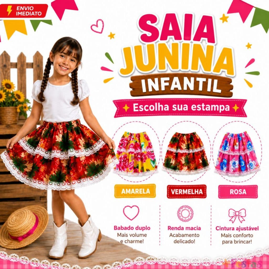 Saia Festa Junina Fantasia Quadrilha Babado Duplo com Renda Estampada Evento São João Arraiá Caipira
