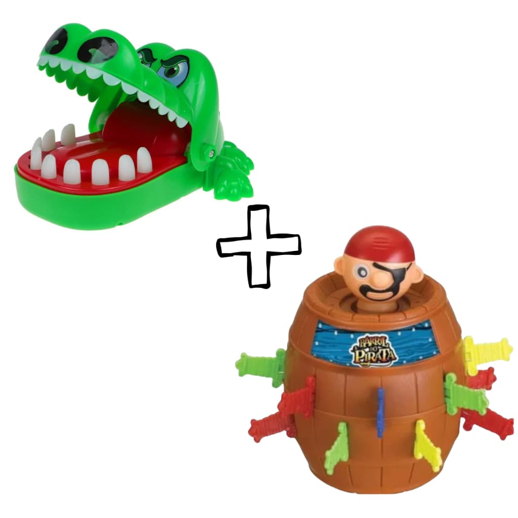 Kit Jogos Crocodilo e Pula Pirata Brinquedos Infantis Crocodilo Morde o Dedo e Barril do Pirata