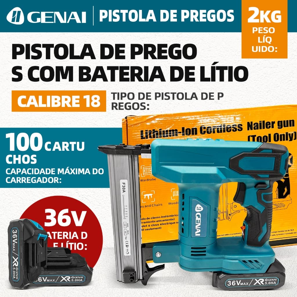Grampeador Elétrico Sem Fio 2 Em 1 E Pistola De Pinça Pregos Profissional 36V Pregador