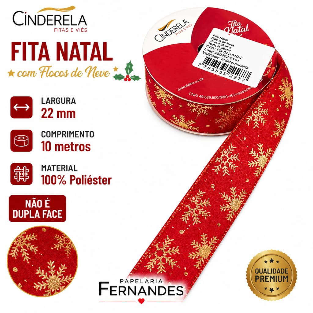 Fitas Decorativa Natal Cinderela 22 mm x 10 mt – Estampa Natalina – 100% Poliéster
