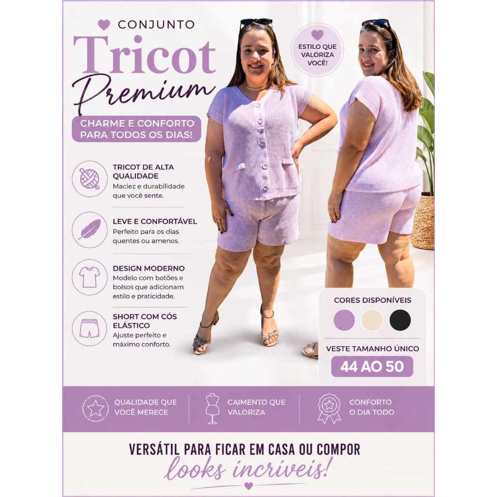 Conjunto Feminino Plus Size Verão Tricot Shorts e Max Colete Blusa Regata com Botões Moda Blogueira