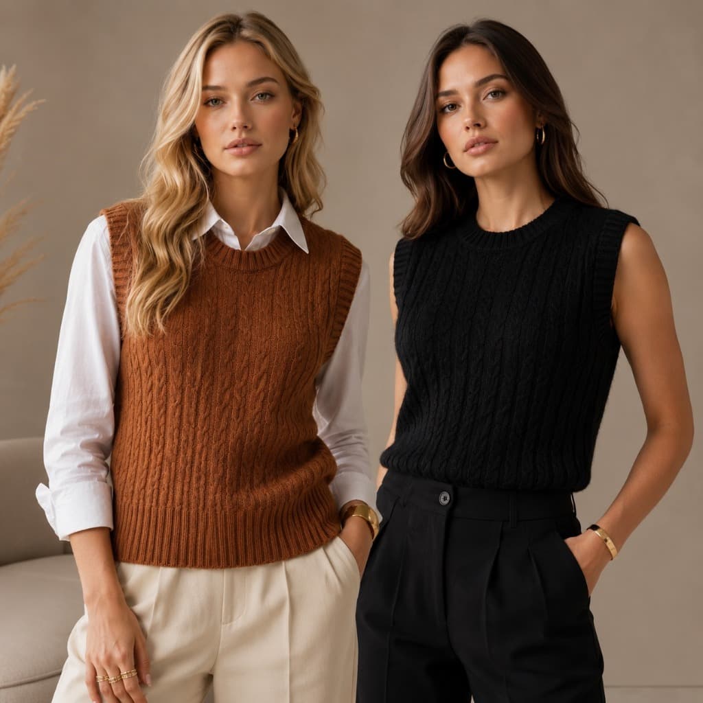 Kit 2 Colete Feminino Social Blusa Regata Tricot Sem Manga Elegante Moda Outono Inverno Tendência Tricô Terceira Peça