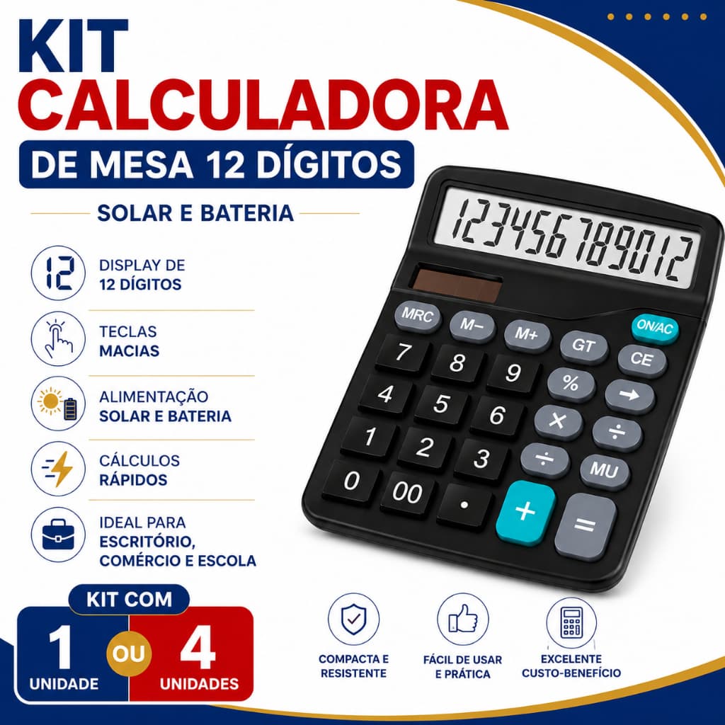 Kit Calculadora De Mesa 12 Dígitos Solar E Bateria 1, 4 ou 5  Unidades