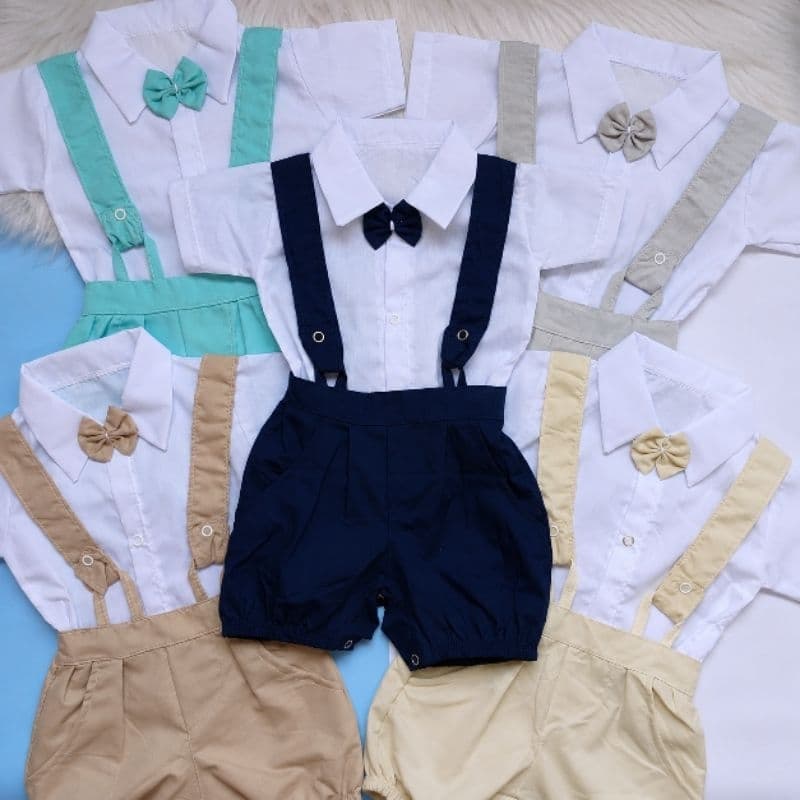 Conjunto Social Bebê Masculino Luxo Camisa + Bermuda com Suspensório e Gravata Borboleta Roupa para Festa Batizado Anive