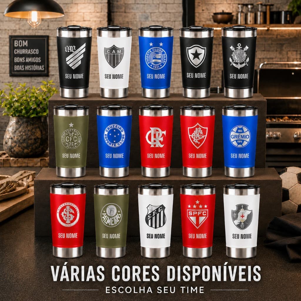 Copo Termico Personalizado Inox Seu Time e Nome c/ Tampa e Abridor Térmico