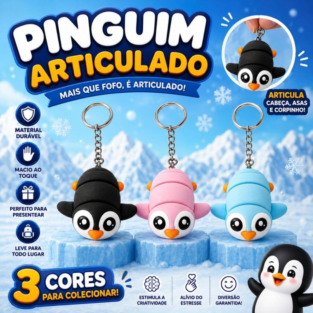 Chaveiro Pinguim Articulado 3D Flexível Fidget Toy Antiestresse Colecionável Presente Fofo