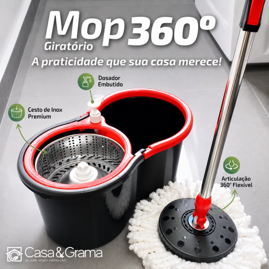 Mop Giratório Esfregão Cabo 140cm Reforçado Balde De 14L Cesto Inox Dispenser Refil Duplo Casa&Grama