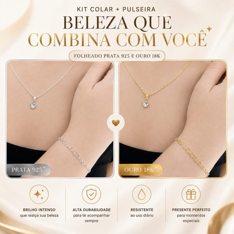 Kit Colar Feminino Ponto de Luz Coração + Pulseira Coração Folheado Ouro 18K Prata 925 Presente Elegante