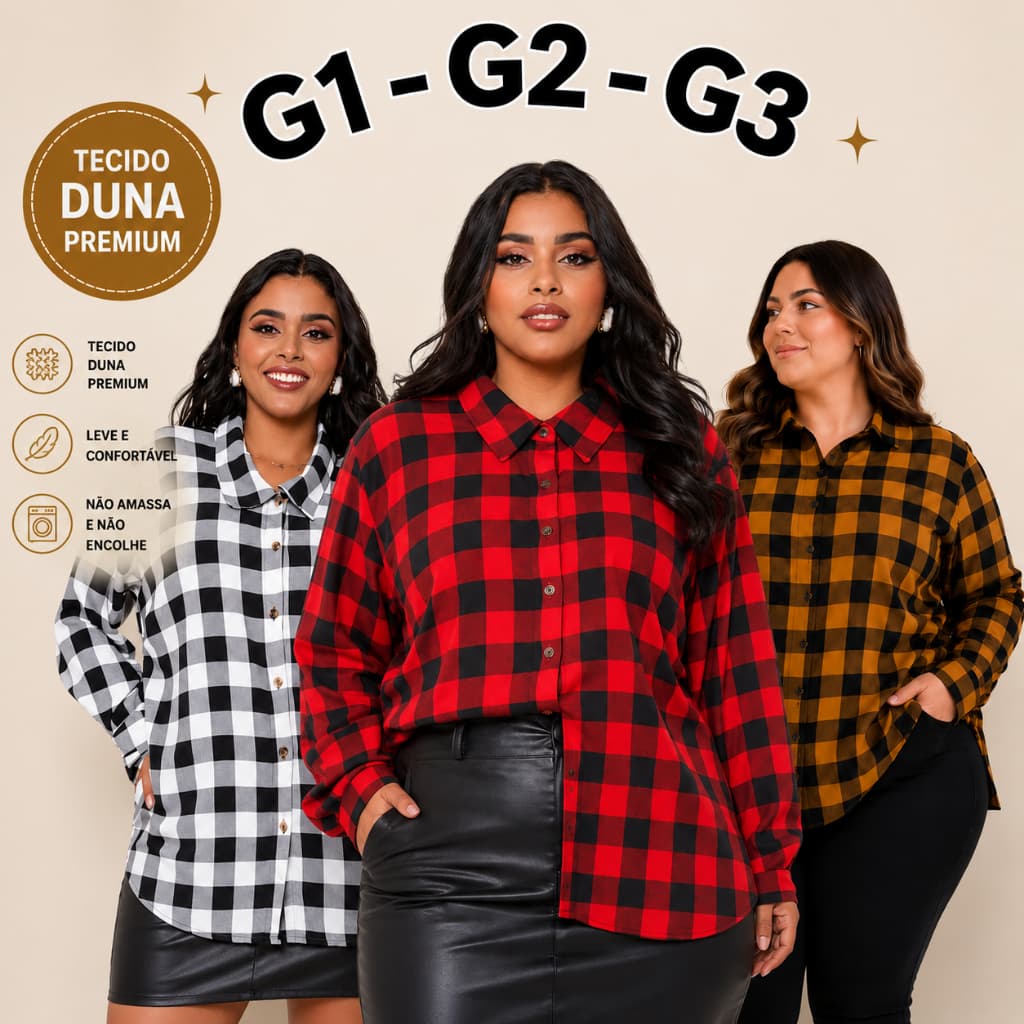 Camisa Xadrez Feminina Plus Size Tecido Duna G1 G2 G3 Manga Longa Soltinha Elegante Oversized