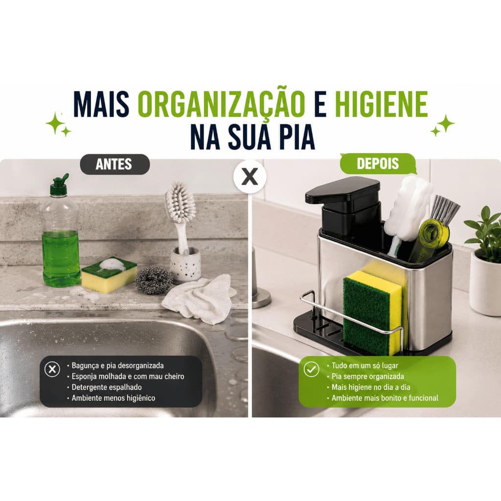 Organizador de Pia Inox, Porta Detergente, Dispenser para Sabão Líquido, suporte para esponja, suporte para escovas.