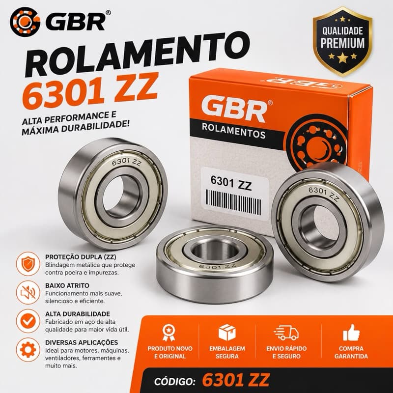 Kit 3 Rolamentos 6301 ZZ GBR Blindagem Metálica 12x37x12mm