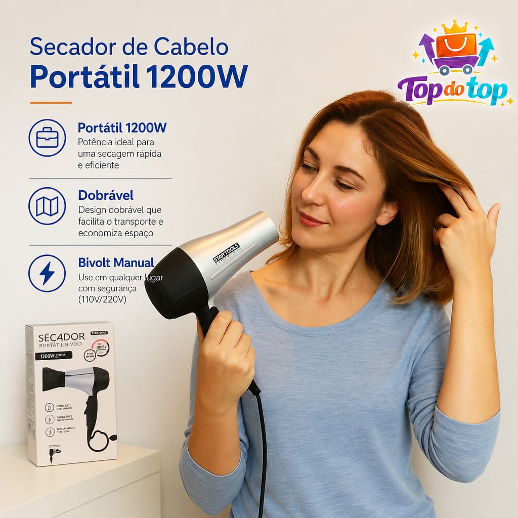 Secador de cabelo 1200W Secagem rápida, 2 velocidades, Bivolt e ultra compacto, cabe em bolsa