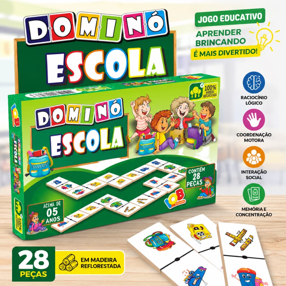 Dominó Escola Educativo Infantil 28 Peças Jogo Pedagógico de Madeira