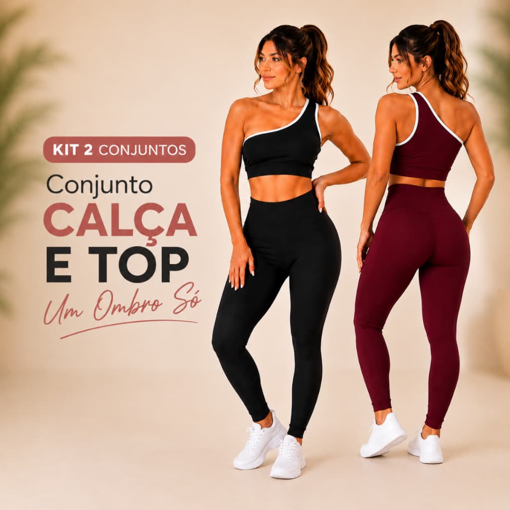KIT 2 OU 1 Conjunto Feminino Academia Top Um Ombro Legging Cintura Alta Suplex Premium Fitness Treino