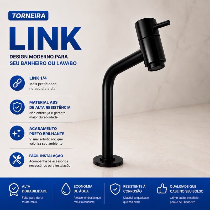Torneira Link ABS Luxo Preta Cuba De Banheiro Bancada Lavabo Lavatório