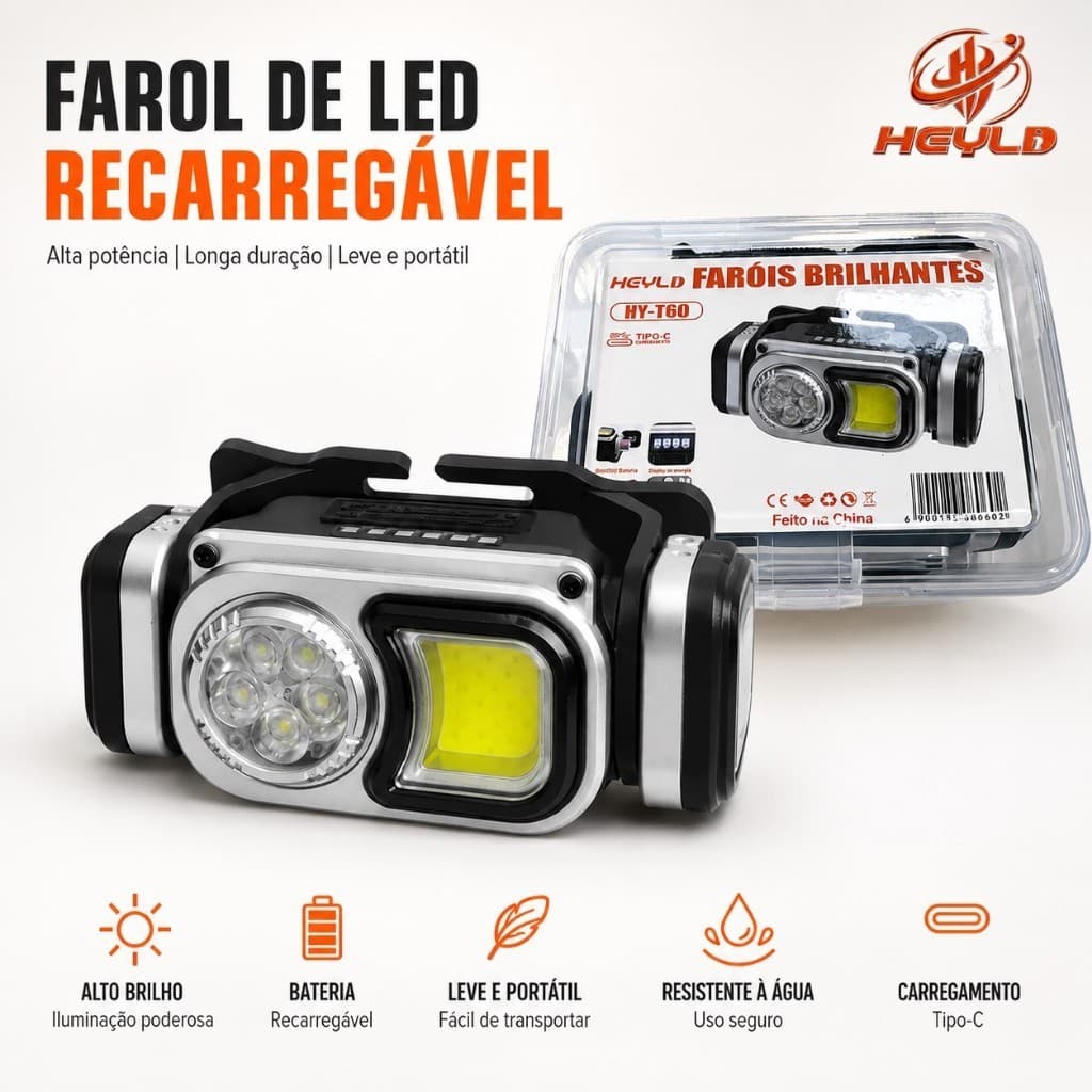 Lanterna de Cabeça LED Recarregável Tipo-C Alta Potência À prova d'águapara Trilha Pesca Acampamento-HY-T60