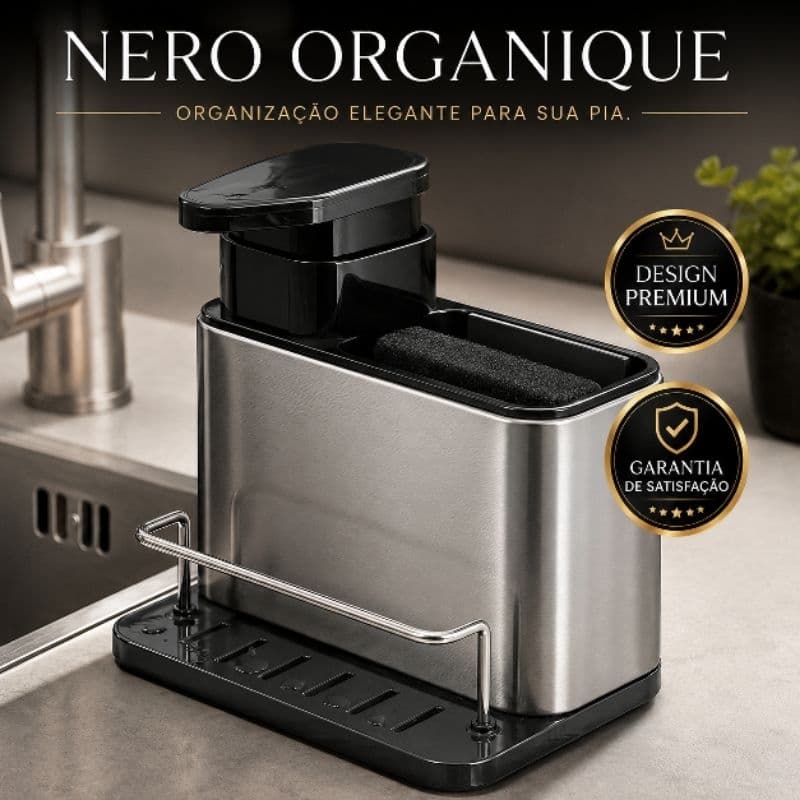 Organizador de Pia com Porta Detergente em Aço Inox com Dispenser e Suporte para Esponja Nero Organique